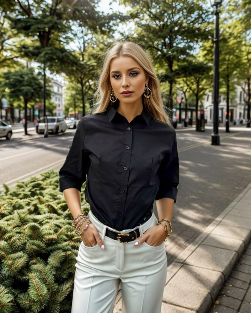 HOTOUCH Women's Basic Short Sleeve Slim Fit Button Down Shirt Work Shirts (Black S) - Image 2